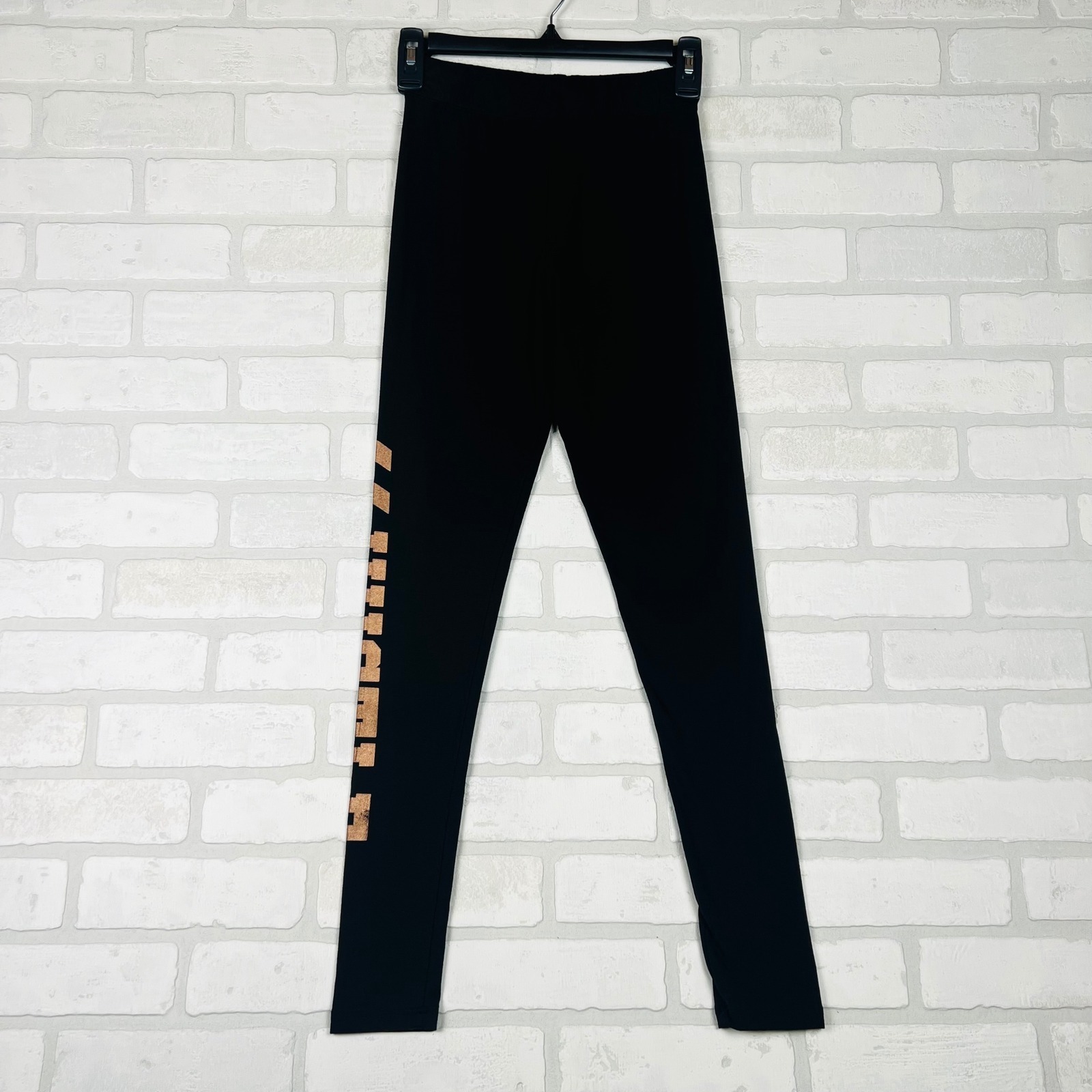 Rue21 Women's Medium Black Leggings Rose Gold Logo Stretch Athletic Yoga Pants